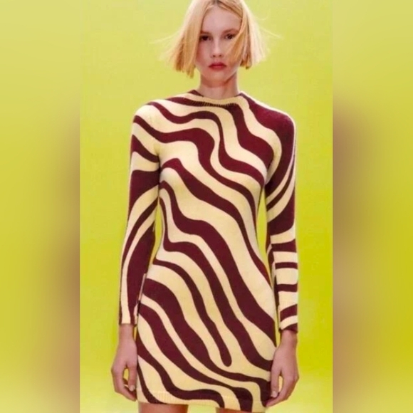 Zara Zebra Striped Jacquard Wool Blend Sweater Dress Perfect For Fall!! - Picture 1 of 16
